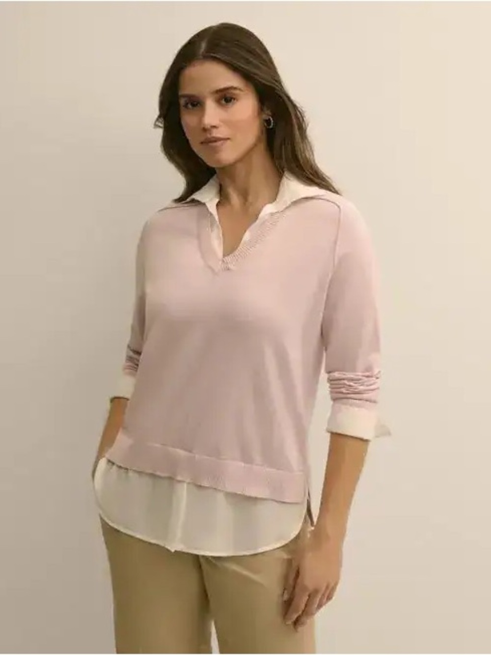 Adrianna Papell V-Neck Twofer Sweater Blush Pink Med Office Academia Minimalist